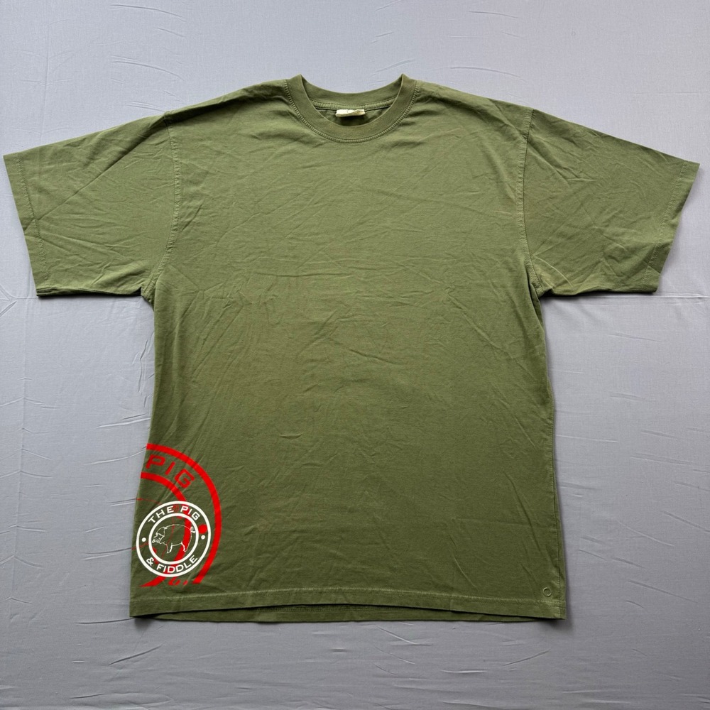 Okarma The Pig & Fiddle Olive Green Organic Cotton‎ Graphic T-Shirt Mens XL